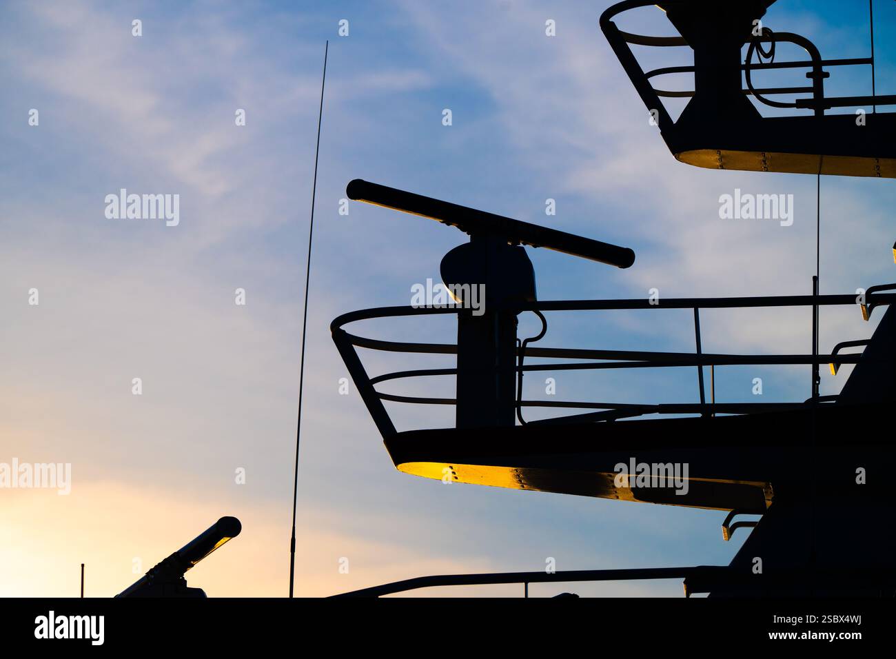 silhouetted ship radar and antennas at sunset Stock Photo - Alamy