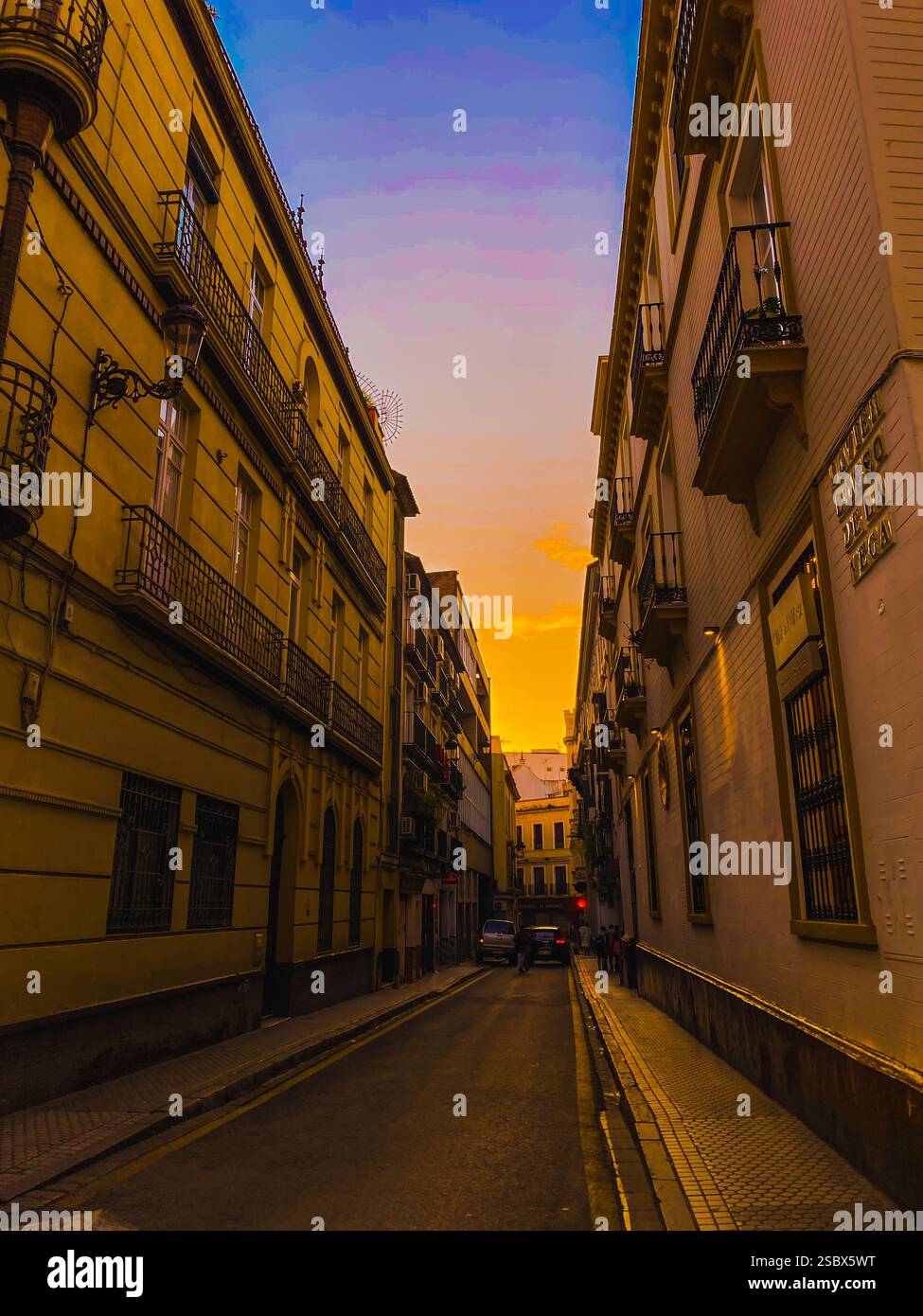 Golden hour through european spanish street - Smartphone Captured Stock Image