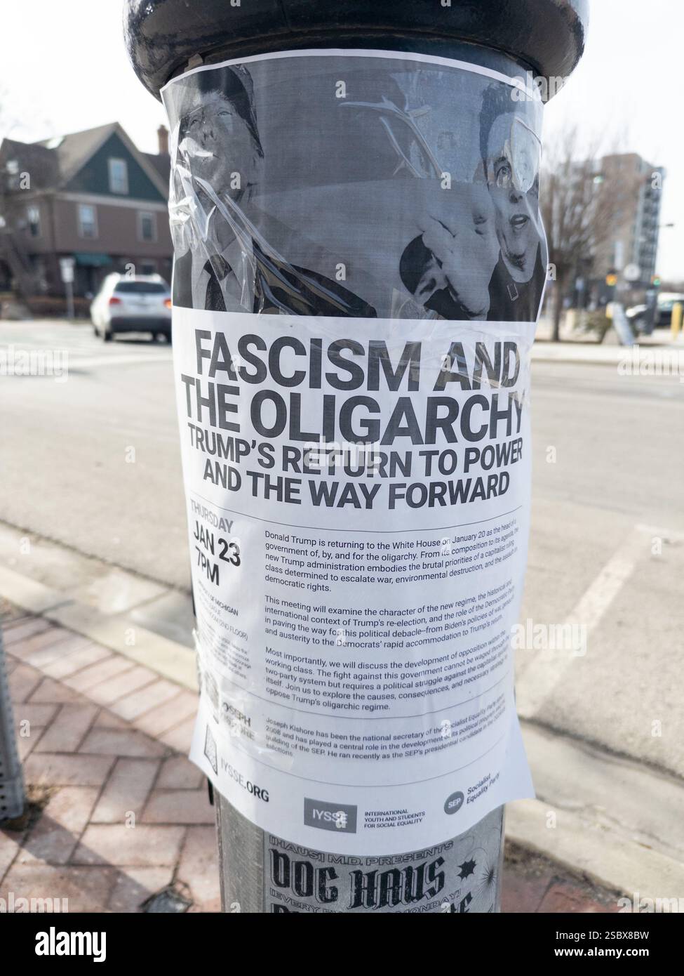 Poster publicizing a meeting on Donald Trump's return to power, fascism, and the oligarchy, in Ann Arbor Michigan USA - Smartphone Captured Stock Image