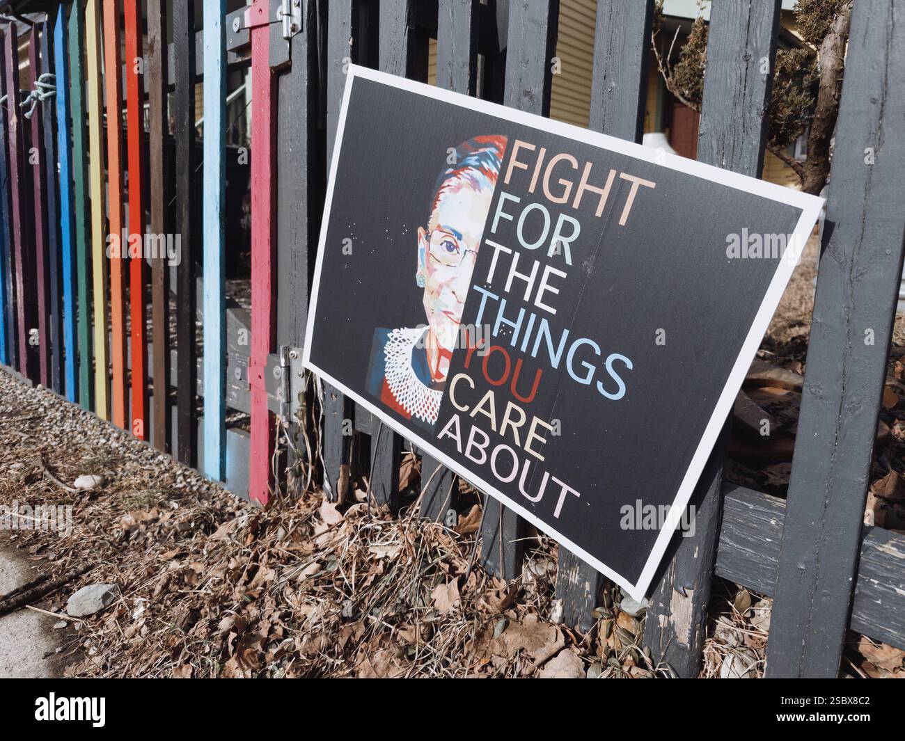 A yard sign with the image of Ruth Bader Ginsburg and the quote Fight for the Things You Care About, in Ann Arbor Michigan USA Stock Photo