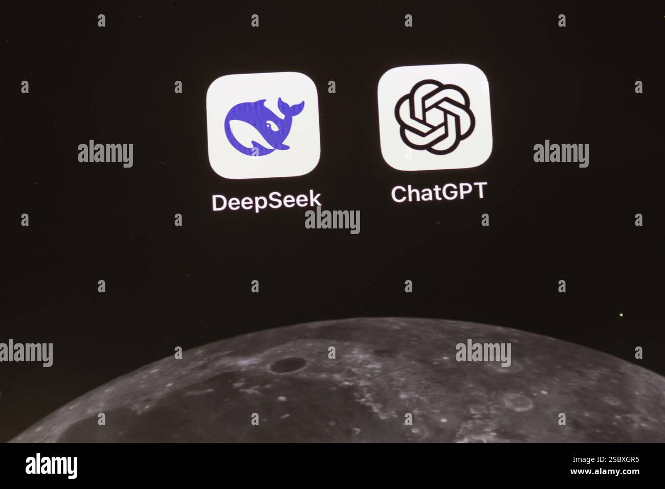 Application App from the Chinese start-up DeepSeek and the US software company OpenAI ChatGPT on the display of an iPhone. ChatCPT. Germany Stock Photo