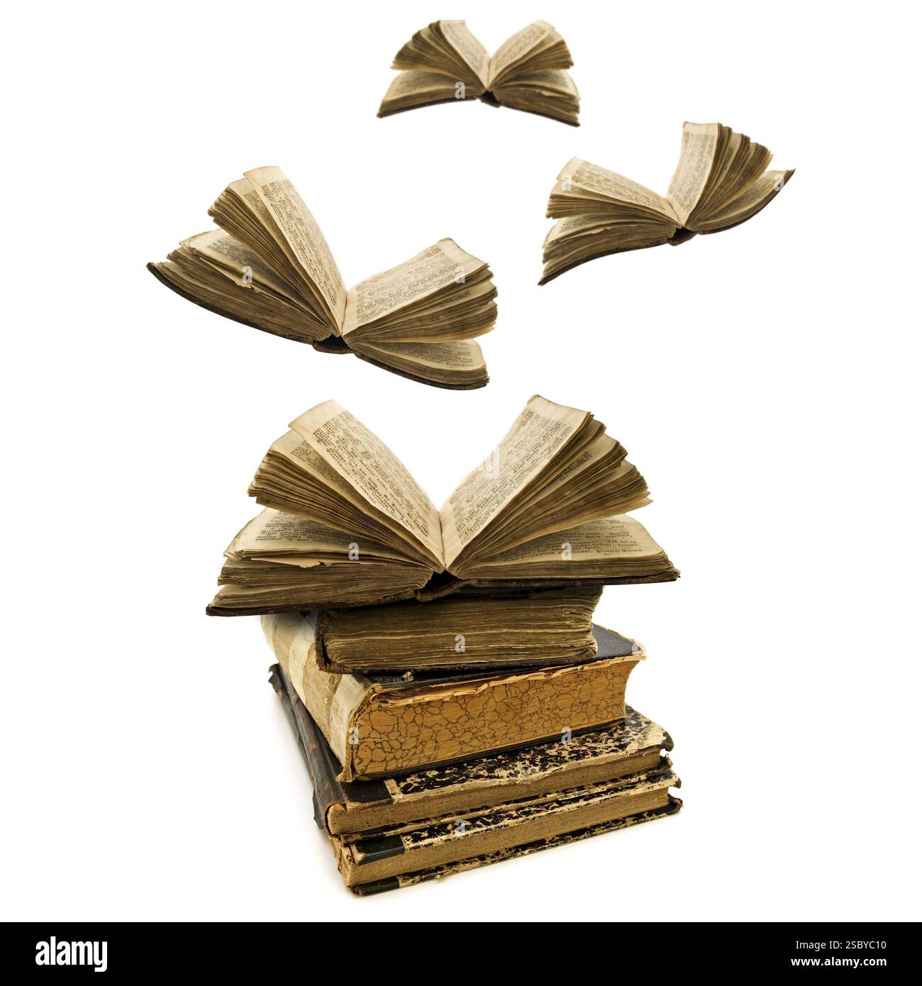 Education concept: opened old books flying away Stock Photo