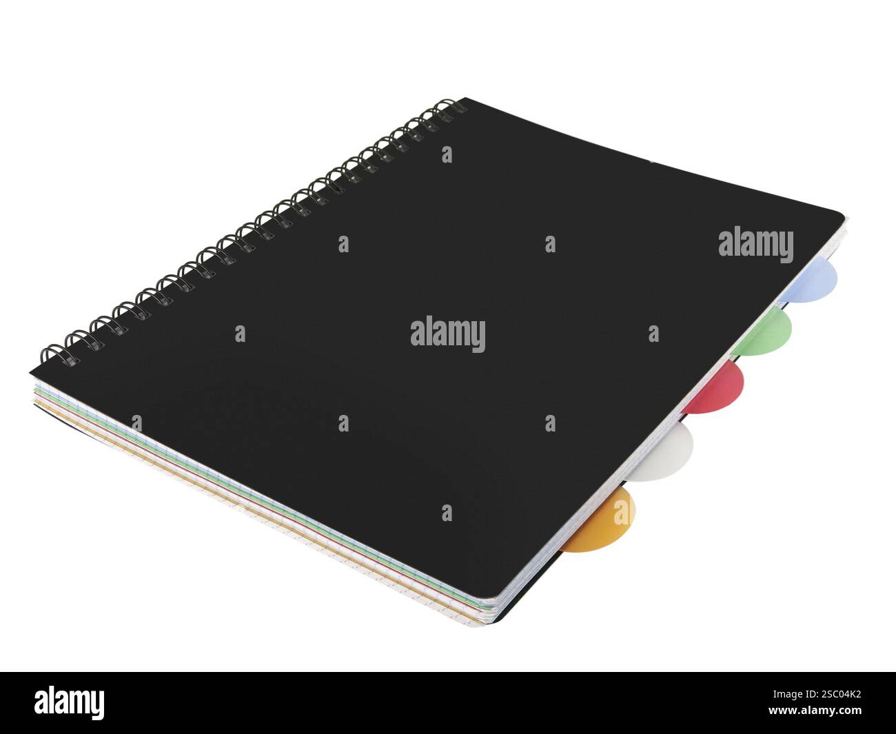 Closed black notepad notebook with multicolored bookmarks over white Stock Photo