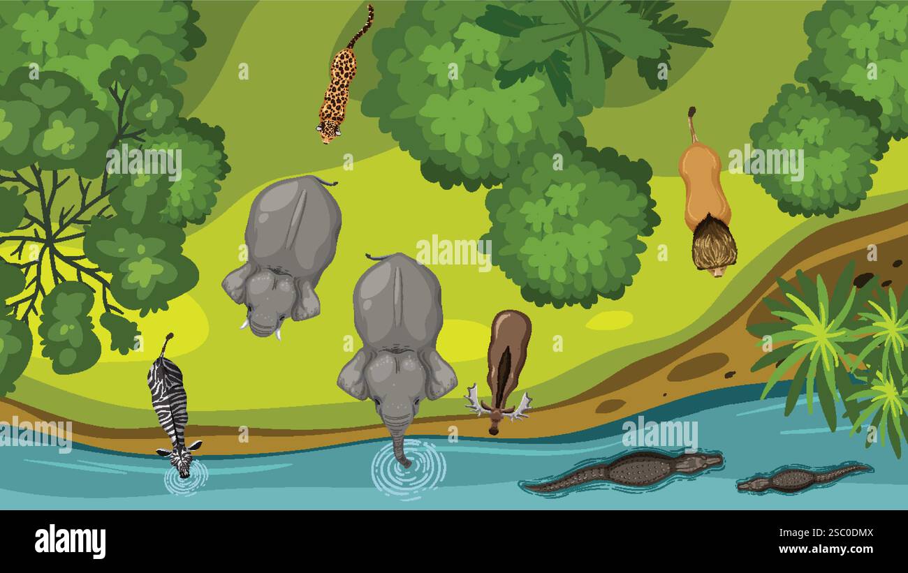 Animals gather by a river in a jungle Stock Vector