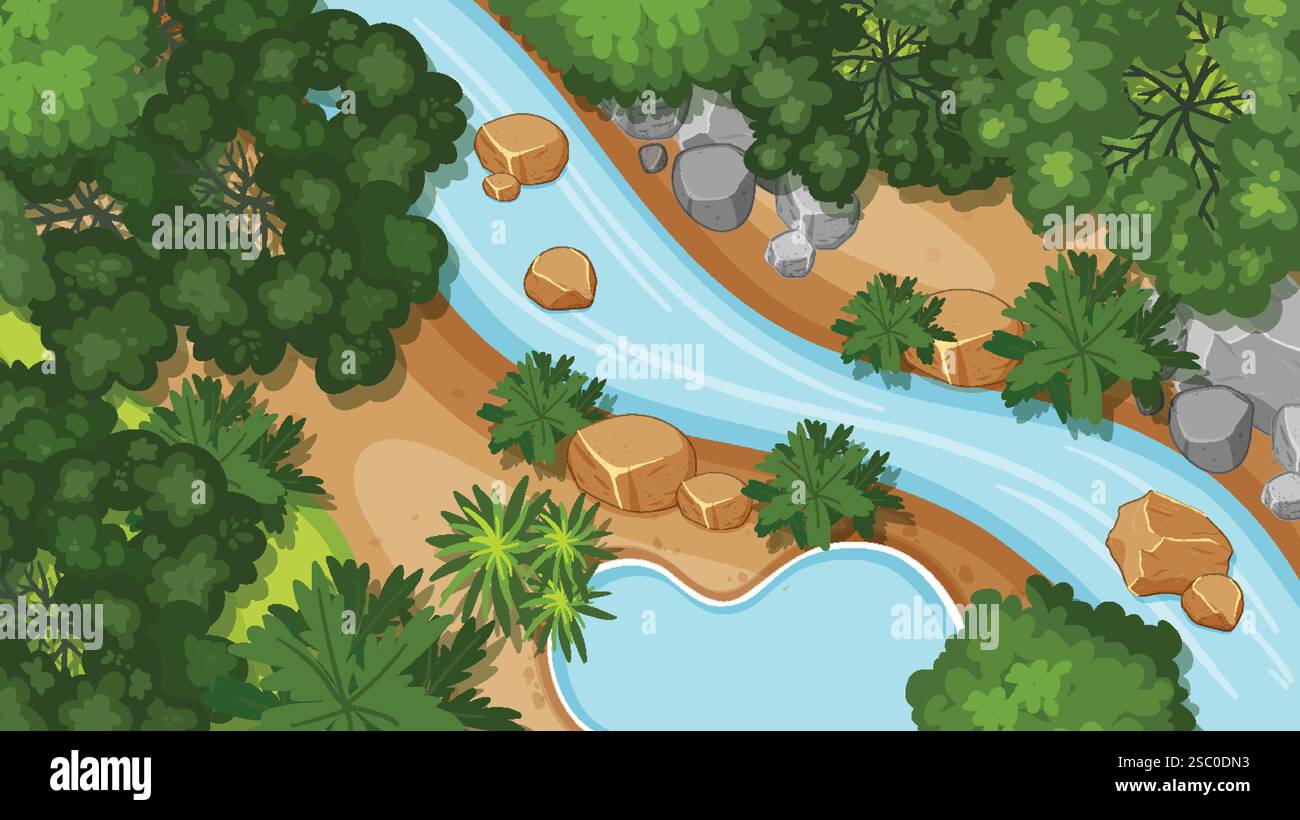 A tranquil river winding through dense green foliage Stock Vector