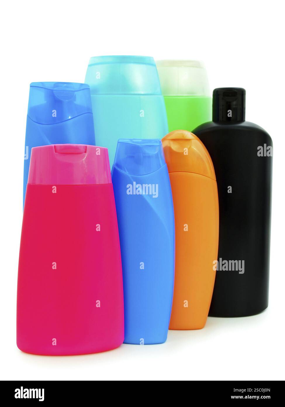 Different Toiletries Plastic Bottles Over White Background Stock Photo