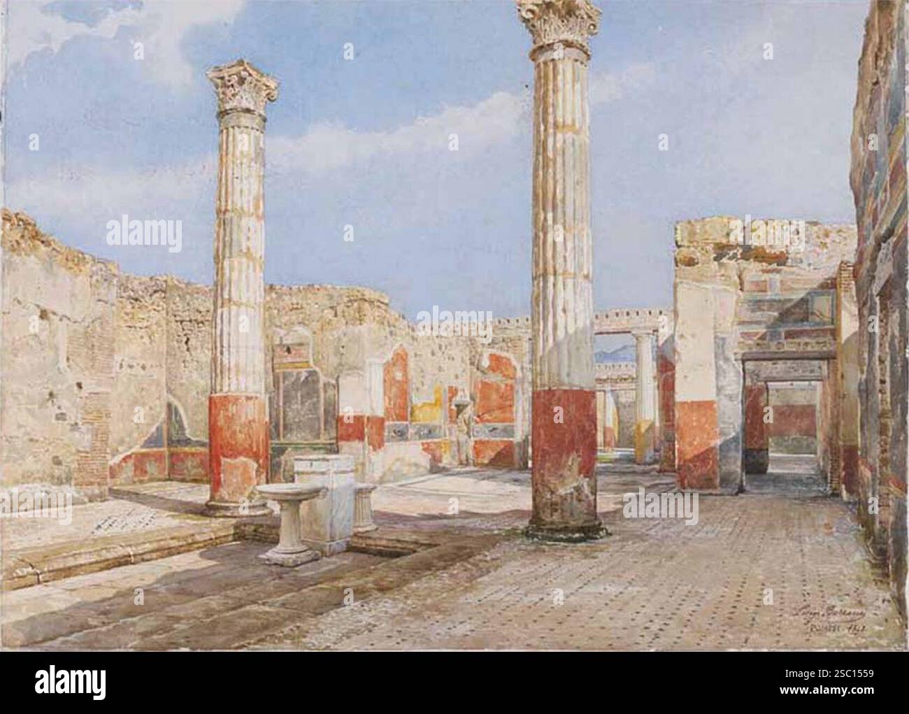 House of the Silver Wedding Pompeii 1895 Watercolor by Luigi Bazzani Room d  (Mau floorplan), atrium Stock Photo - Alamy, image size:1300x1021