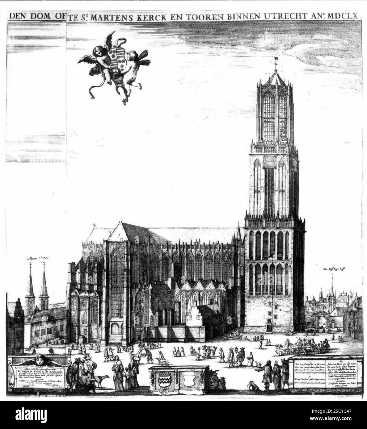 Gezicht op de Domkerk en het Domkerkhof te Utrecht uit het noordwesten ...