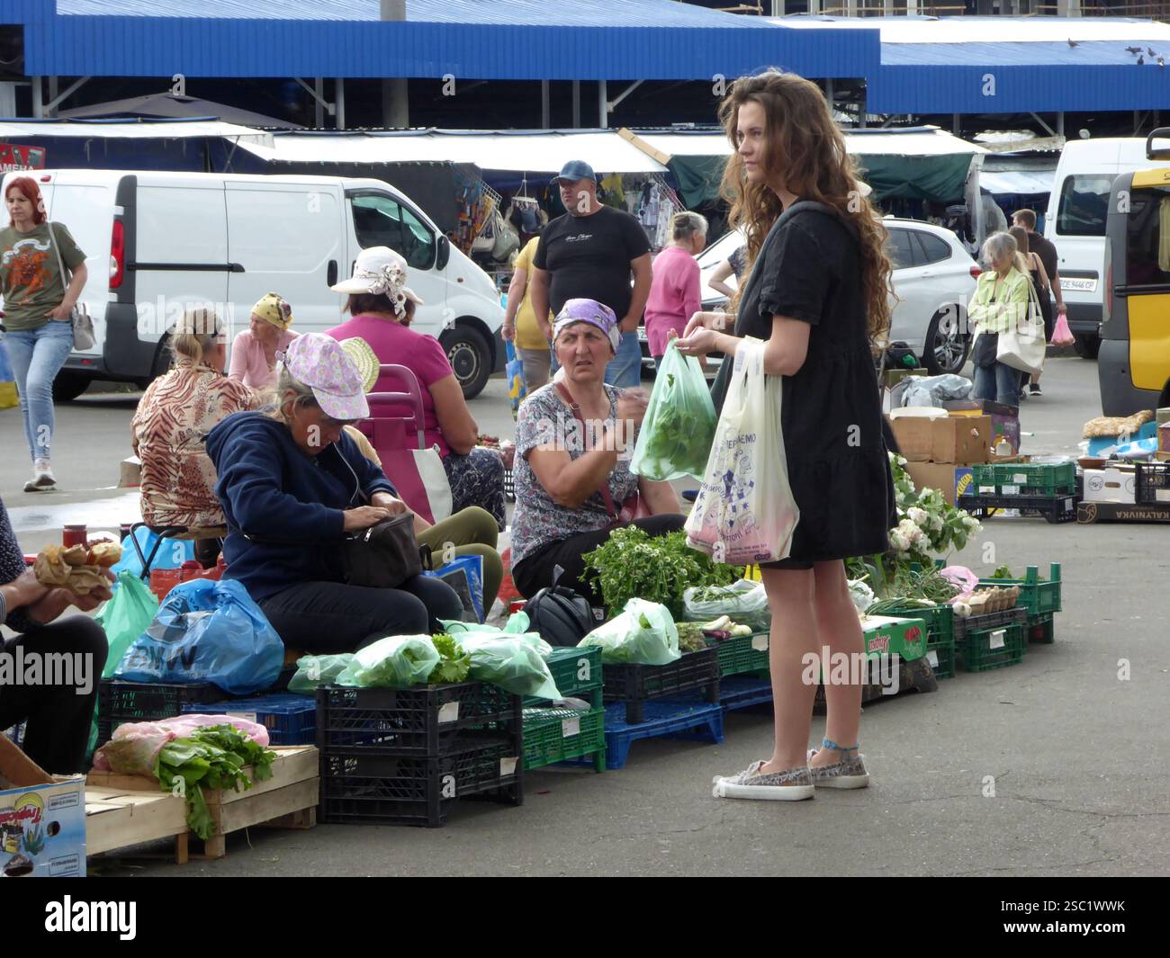 Ukraininan people browsing and buying goods at a street market in Kyiv, Ukraine, June 2024 Stock Photo