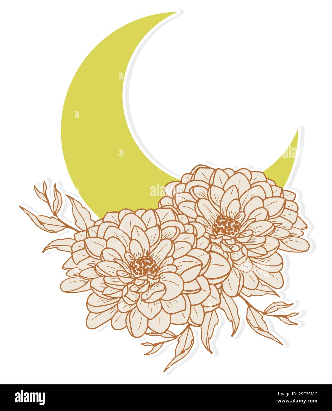 Abstract blossom flower leaf sticker. Crescent moon with peony flowers. Minimal floral naive art print botanical illustration. Vector simple 2d illust Stock Vector