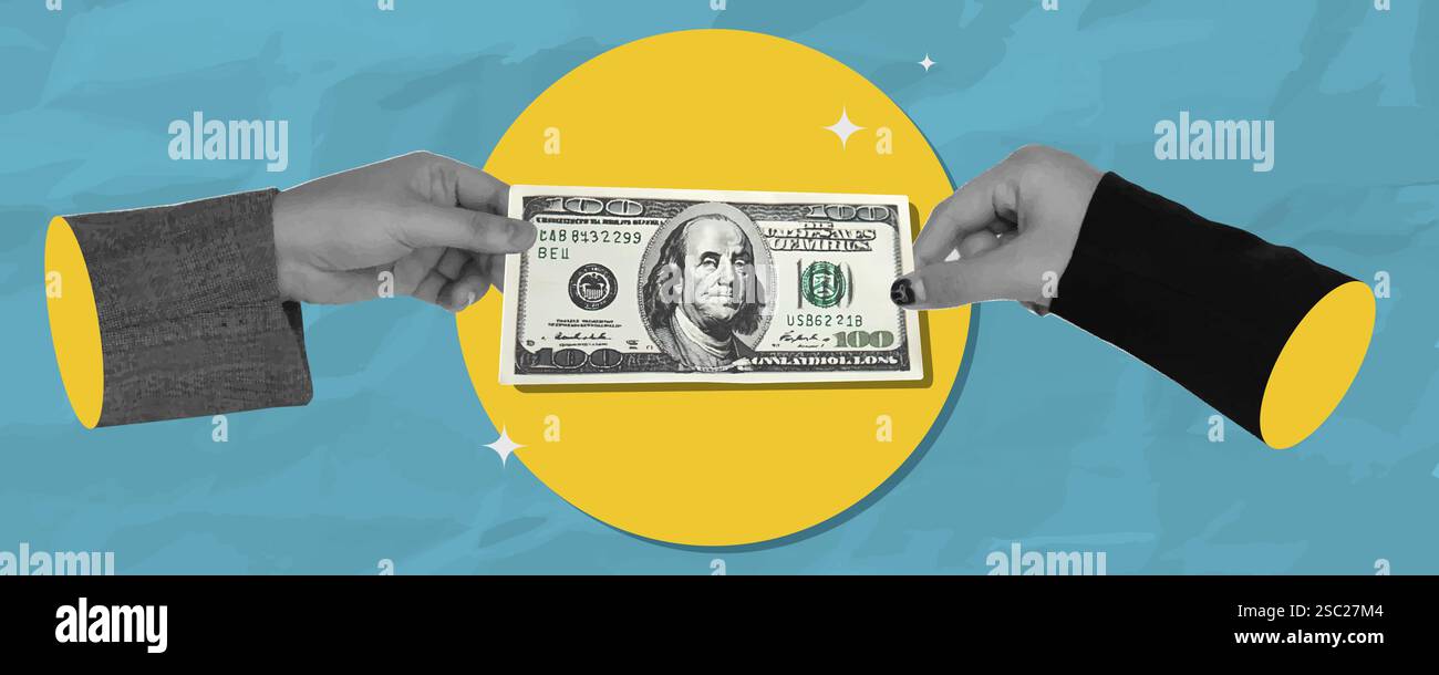 Hands exchanging a hundred-dollar bill for financial transactions ...