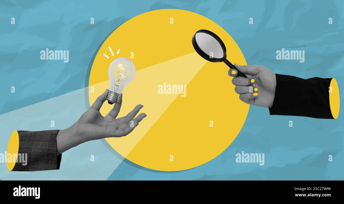 Creative hands exchanging light bulb and magnifying glass for ...