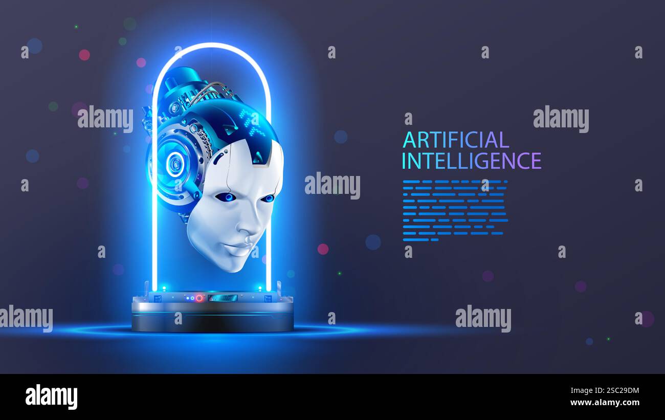 AI or artificial intelligence in image ai robot head hover over podium in virtual cyberspace. Humanoid face of ai cyborg with electronic brain or mind Stock Vector