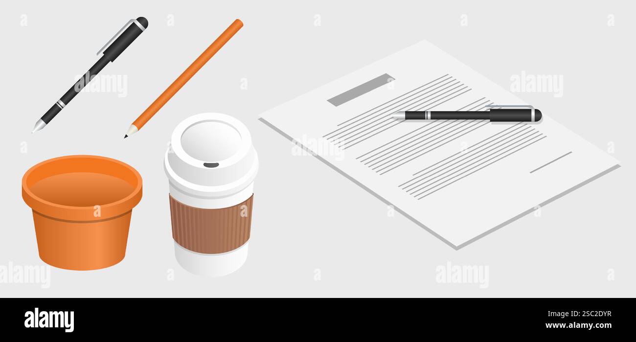 Workspace Essentials Documents, Writing Tools, Coffee Cup and Plant Pot Stock Vector