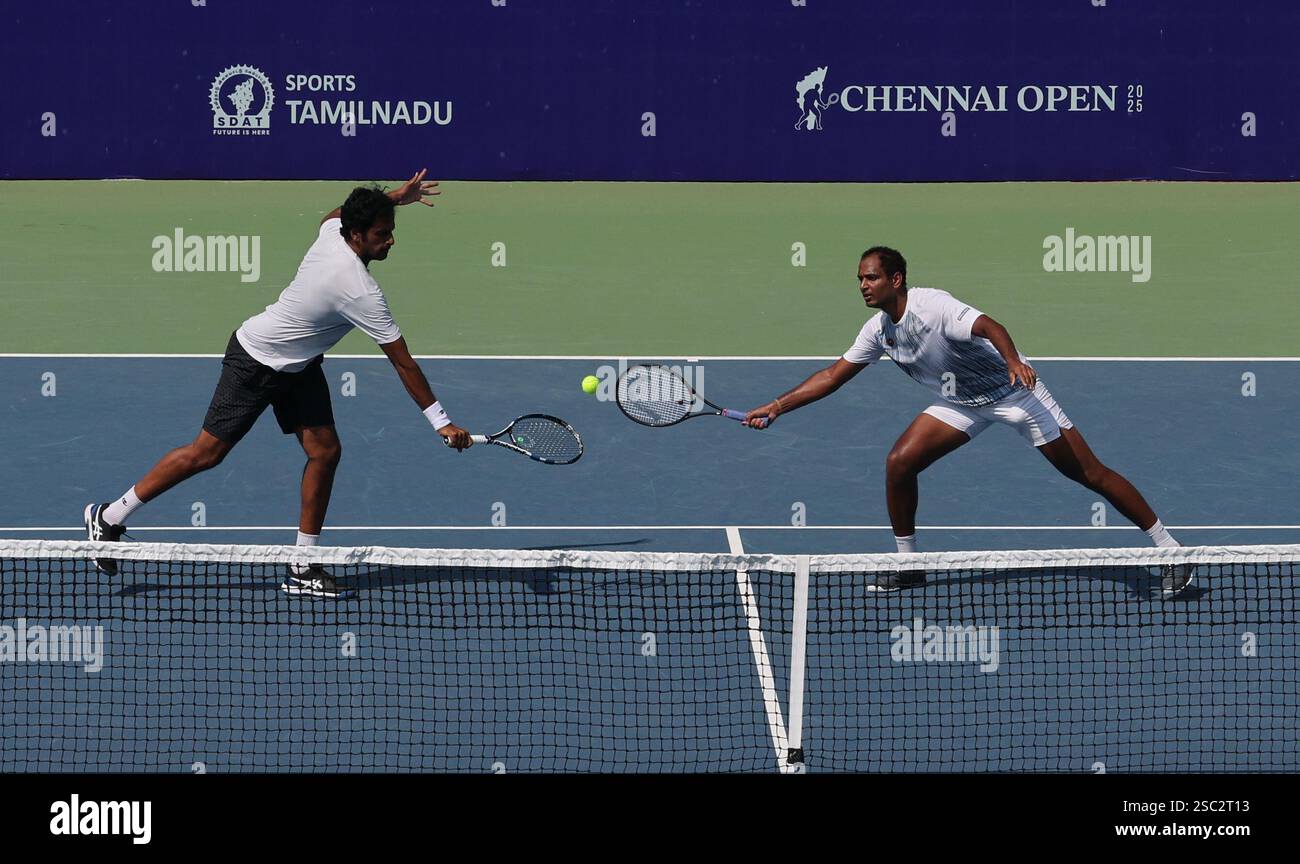 Chennai, India. 05th Feb, 2025. Doubles Saketh MYNENI (IND & Ramkumar Ramanathan (IND) Vs Kimmer COPPEJENS (BEL) & Ergi KIRKIN (TUR) Saketh MYNENI (IND & Ramkumar Ramanathan (IND) won by 6-3, 6-1 Credit: Seshadri SUKUMAR/Alamy Live News Stock Photo