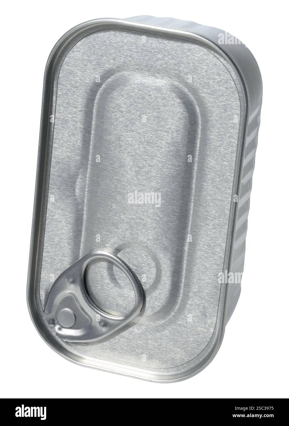 Rectangular tin can with ring for opening on isolated background Stock Photo