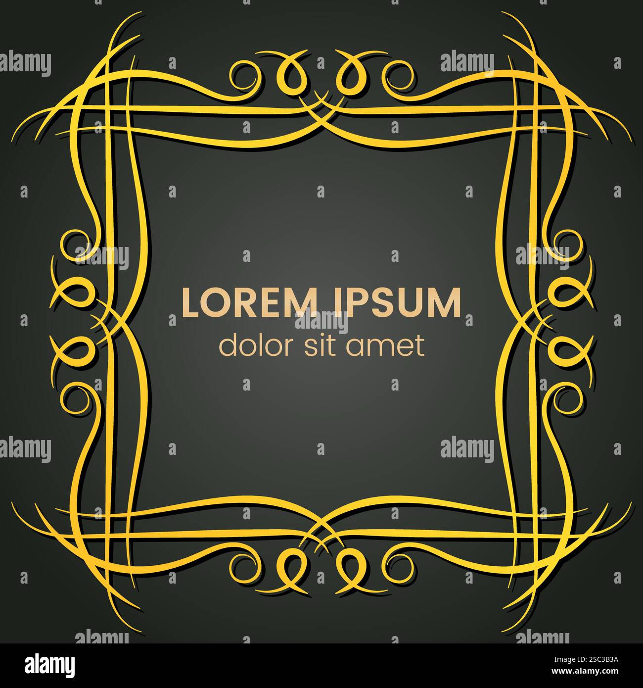 A square golden monogram element on a dark background. Vector illustration. Stock Vector