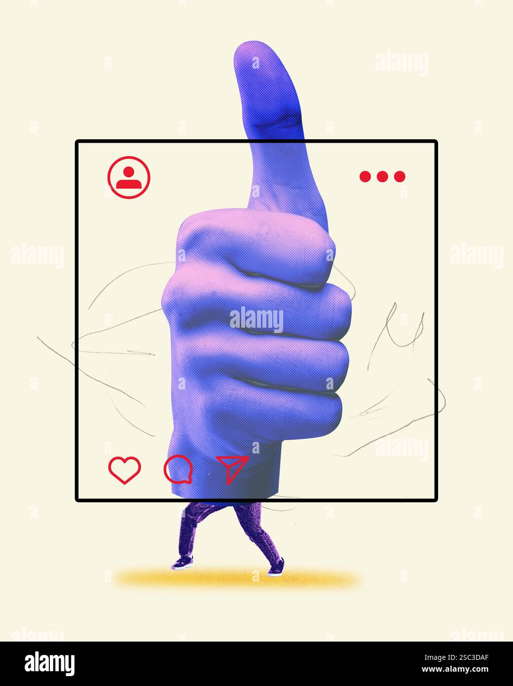 Giant thumbs-up hand inside framed social media post, representing ...