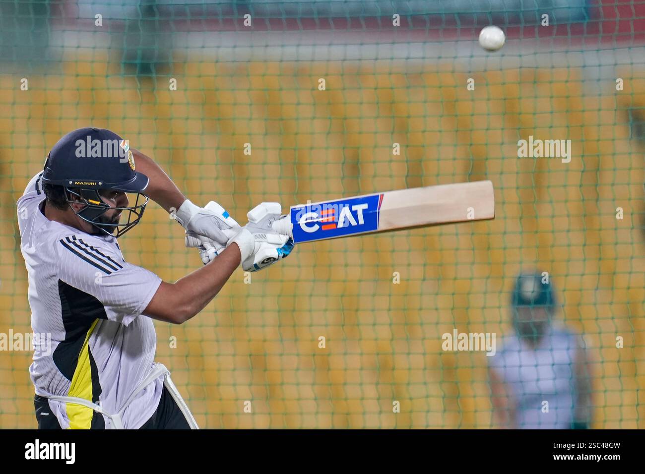 India's captain Rohit Sharma bats in the nets during a training session ...