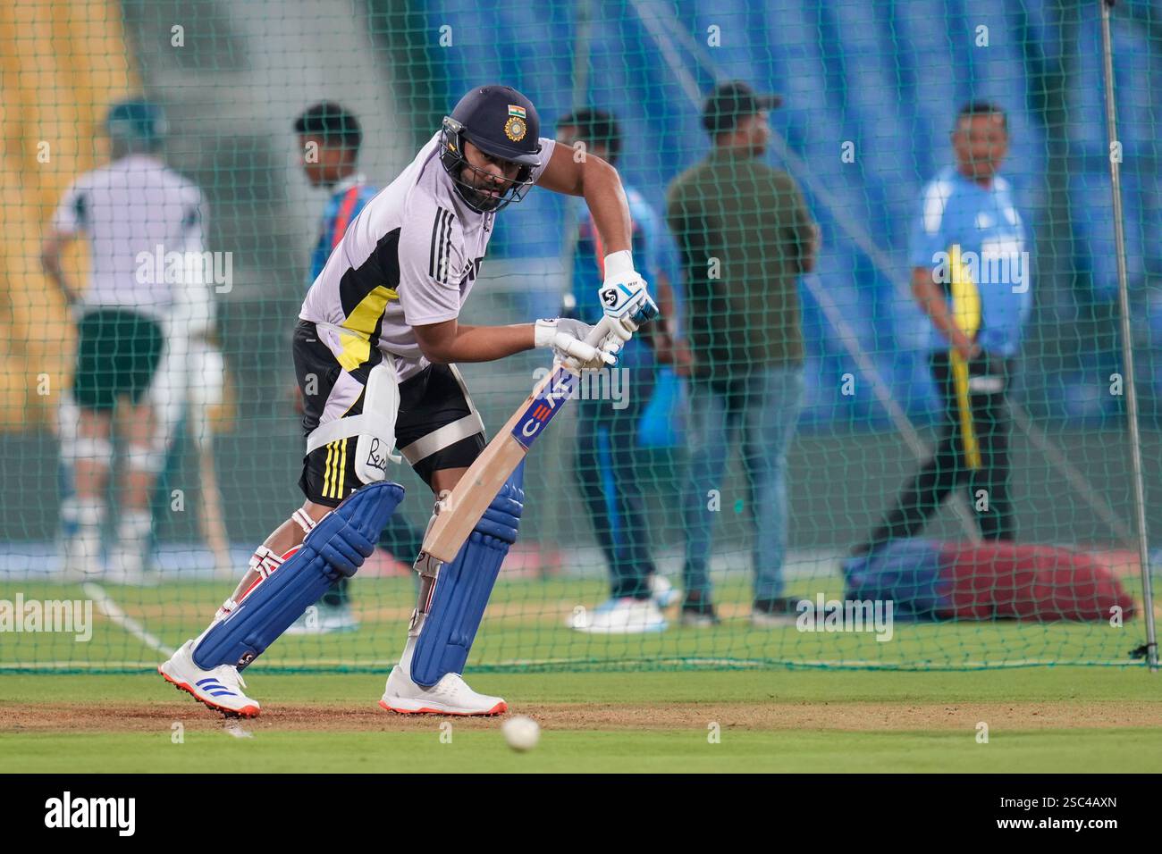 India's captain Rohit Sharma bats in the nets during a training session ...