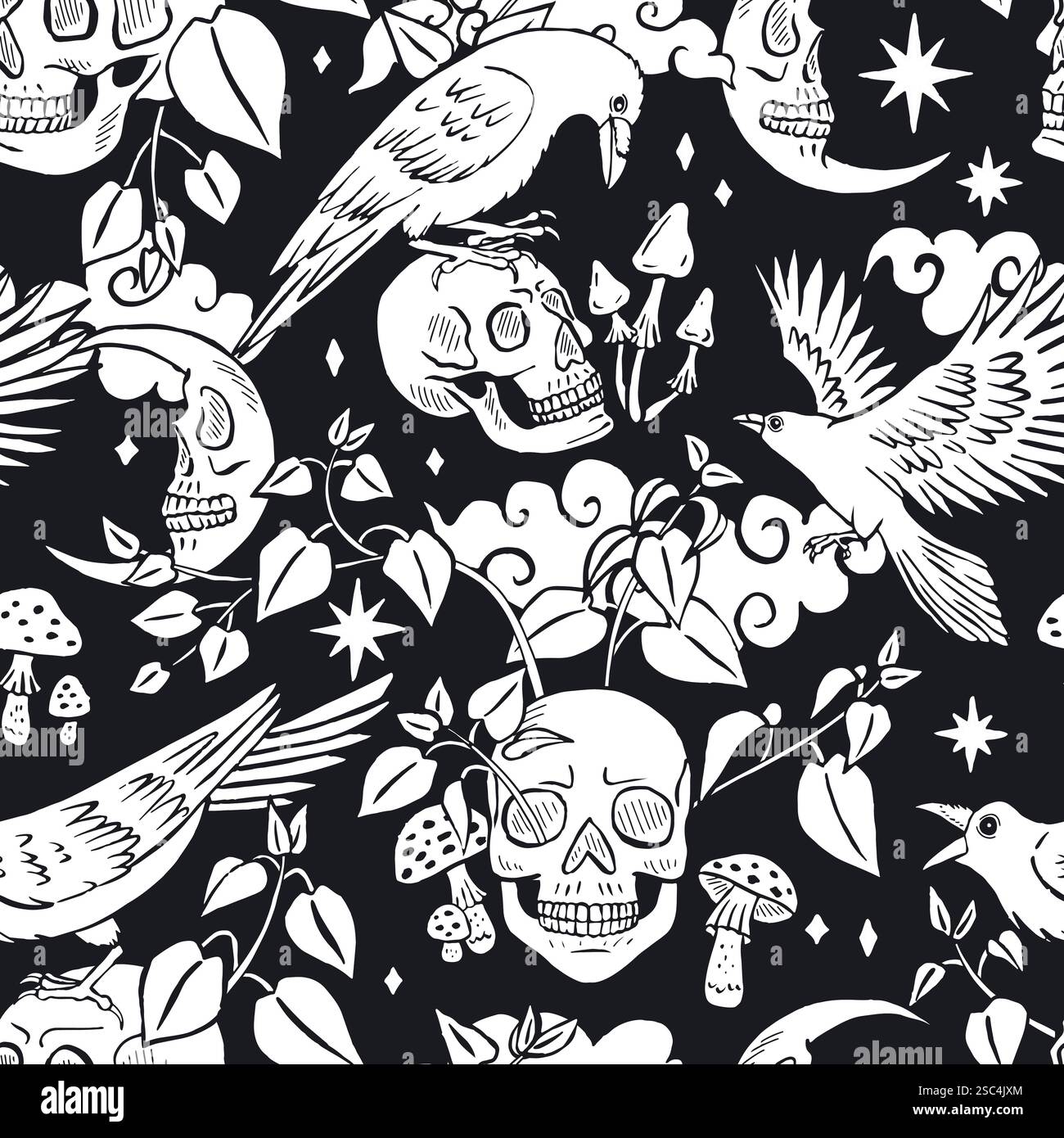 Black and white Seamless pattern with hand drawn inky ravens or crows sitting on human skulls Stock Vector