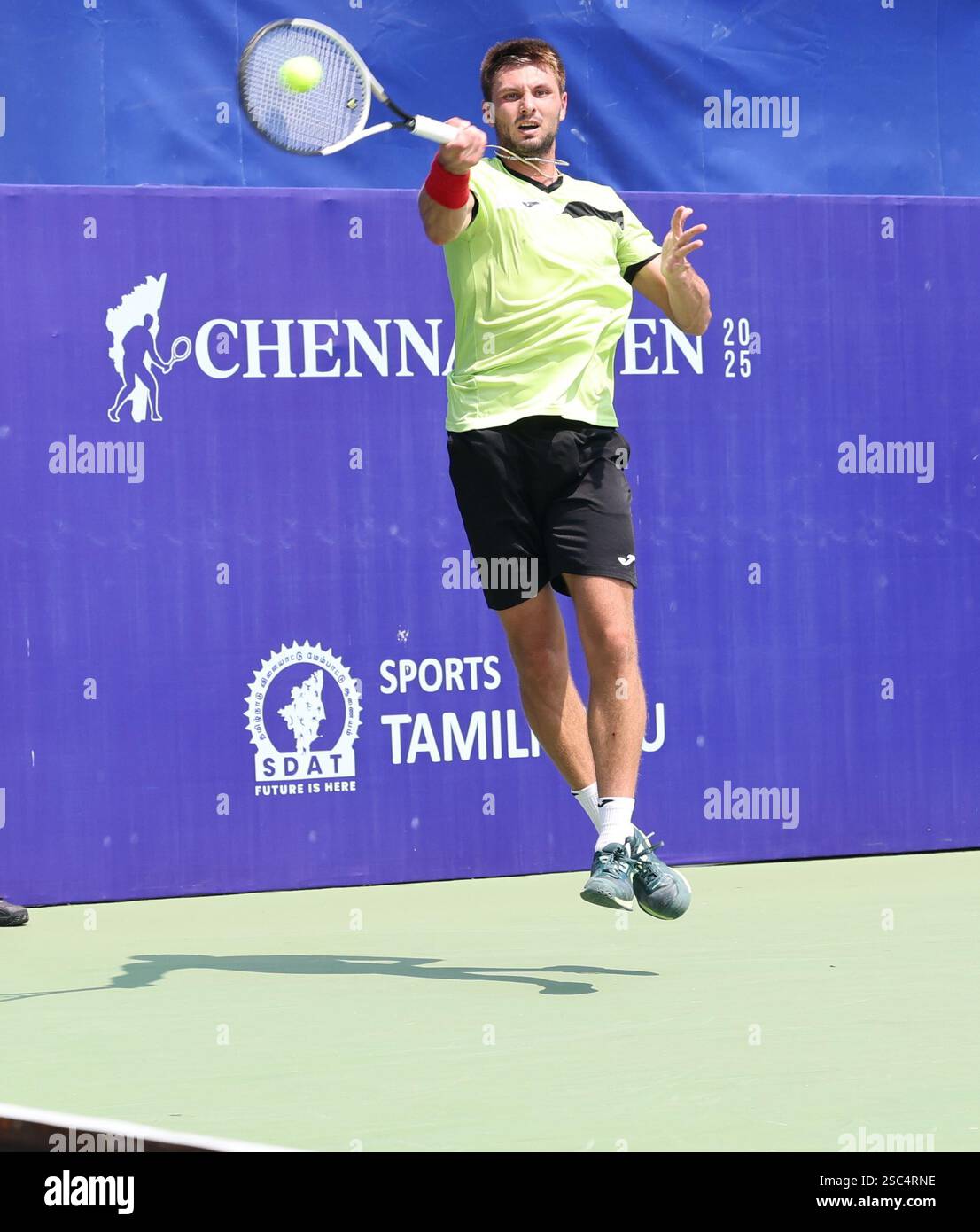 Chennai, Tamil Nadu, India. 5th Feb, 2025. OLEKSANDR OVCHARENKO (UKR) in action against P. Zsombor (HUN) during their match at the Chennai Open in Chennai, India. Ovcharenko won 7:6, 6:4. (Credit Image: © Seshadri Sukumar/ZUMA Press Wire) EDITORIAL USAGE ONLY! Not for Commercial USAGE! Stock Photo