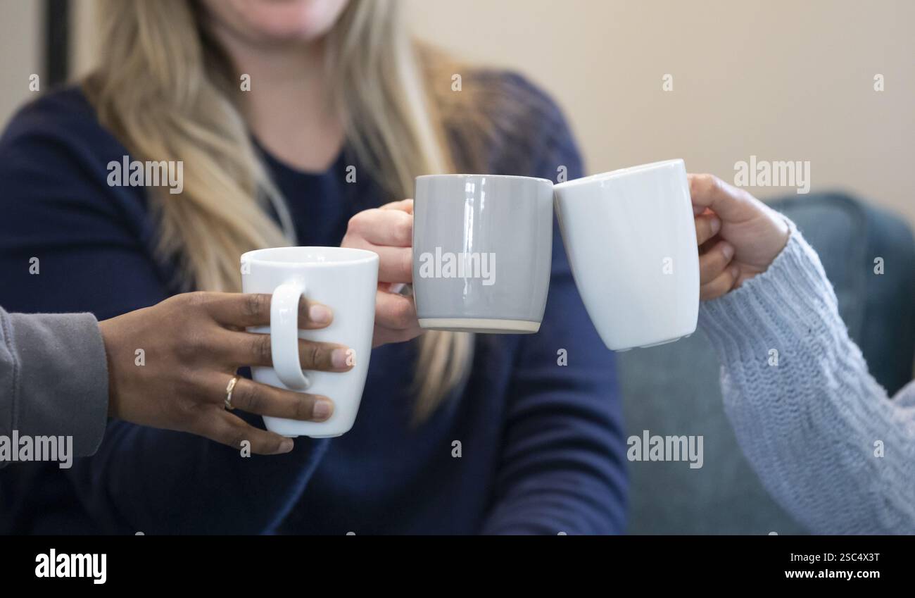 Three ladies drinking coffee together at home. Stock Photo