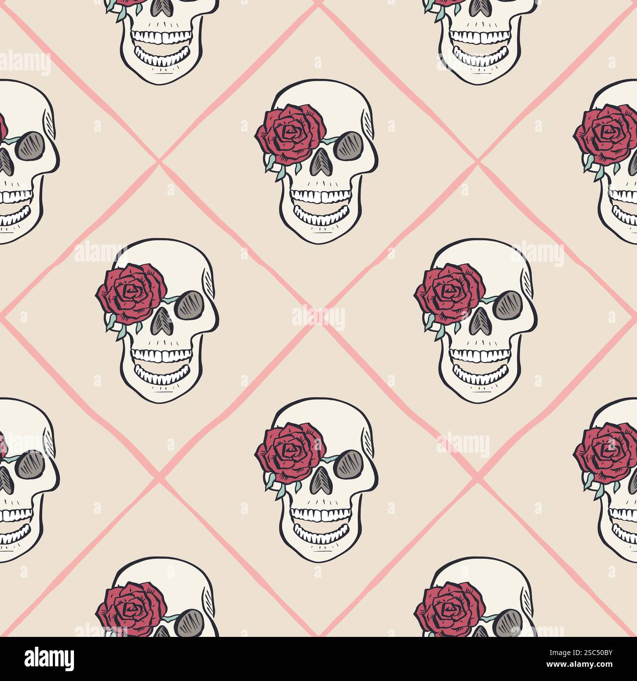 Seamless pattern with hand drawn human skulls and rose flowers inside trellis Stock Vector