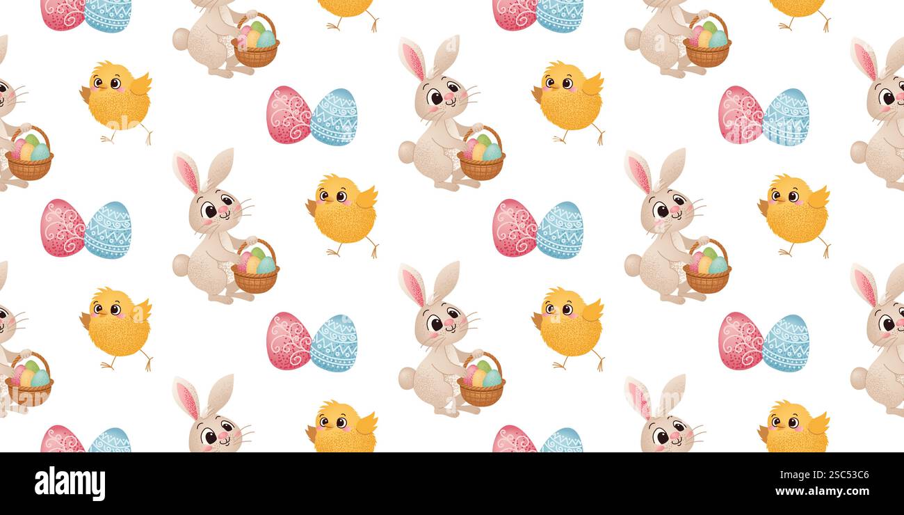Easter Rabbits, Chicks, and Eggs Pattern. Seamless pattern with Easter rabbits, decorated eggs, yellow chicks on a white background. Holiday spring Stock Vector