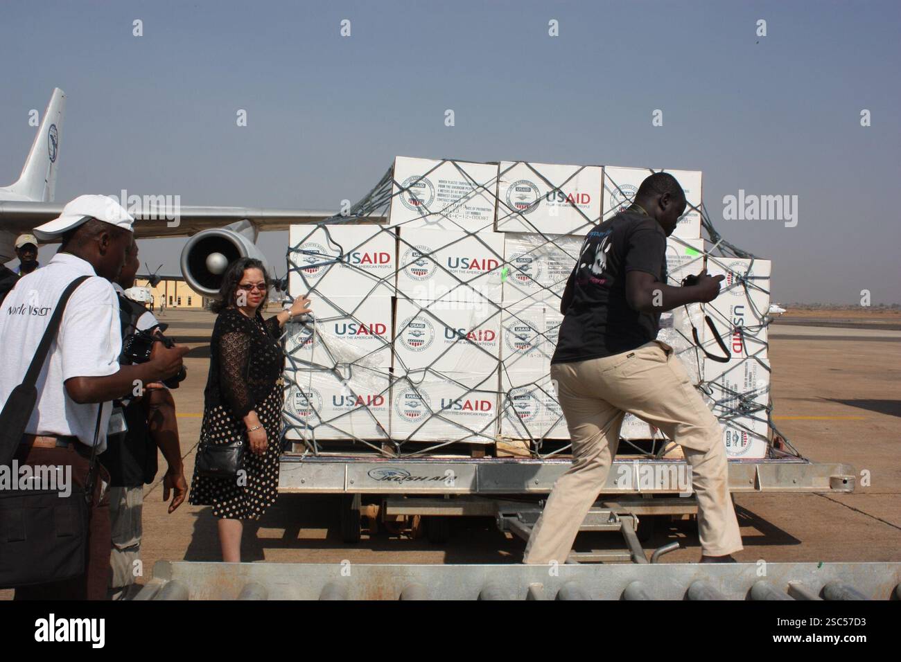 February 4, 2014, Juba, South Sudan.  A USAID airlift carrying 67 tons of humanitarian supplies from Nairobi to South Sudan arrives in Juba.  Photo Credit: U.S. Embassy Juba Stock Photo