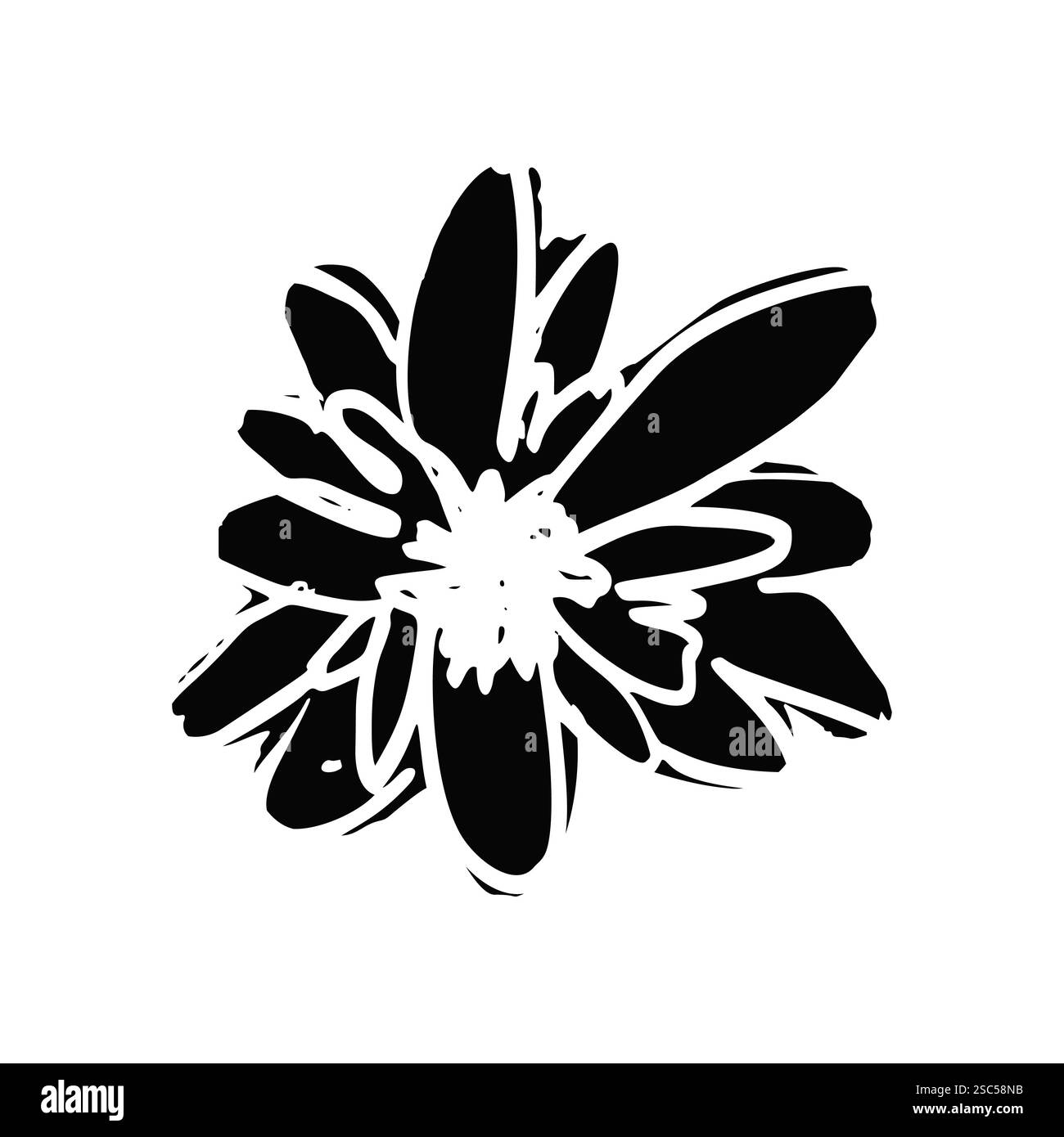 Hand drawn black ink abstract daisy flower silhouette isolated on white ...