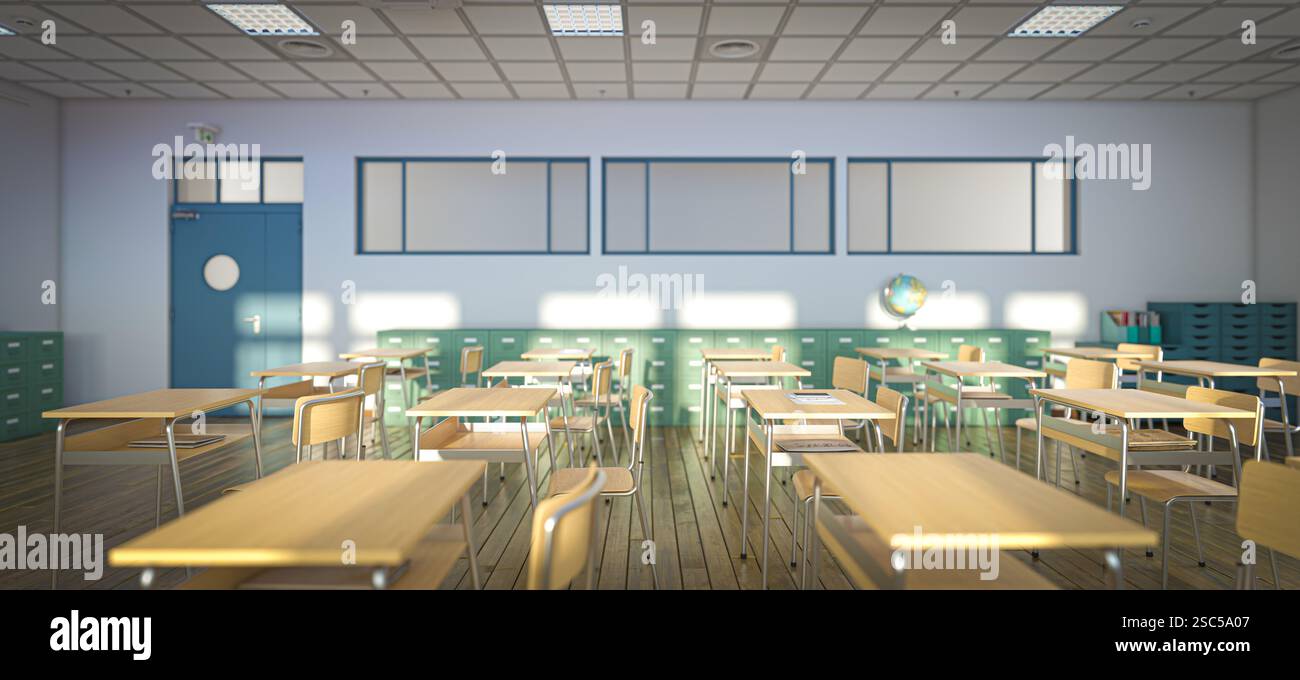 3d empty classroom,  wooden desks and chairs, learning concept Stock Photo
