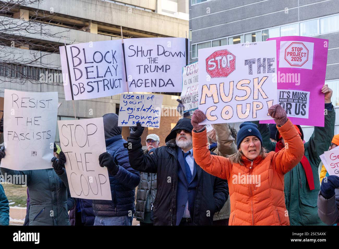 Demonstrators assembled at the Federal building in Springfield, Massachusetts, expressing their opposition to the Trump-Musk agenda.an Stock Photo