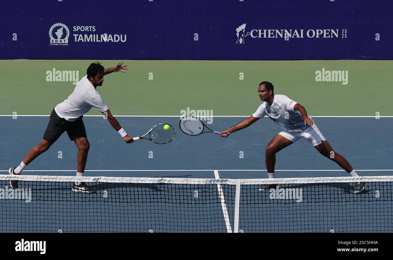 Chennai, Tamil Nadu, INDIA. 5th Feb, 2025. Doubles Saketh MYNENI (IND & Ramkumar Ramanathan (IND).Vs .Kimmer COPPEJENS (BEL) & Ergi KIRKIN (TUR).Saketh MYNENI (IND & Ramkumar Ramanathan (IND) won by 6-3, 6-1. (Credit Image: © Seshadri Sukumar/ZUMA Press Wire) EDITORIAL USAGE ONLY! Not for Commercial USAGE! Stock Photo
