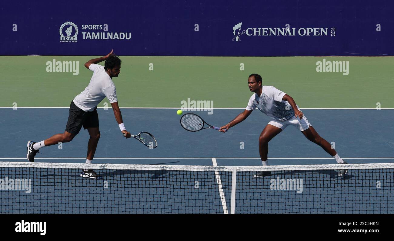 Chennai, Tamil Nadu, INDIA. 5th Feb, 2025. Doubles Saketh MYNENI (IND & Ramkumar Ramanathan (IND).Vs .Kimmer COPPEJENS (BEL) & Ergi KIRKIN (TUR).Saketh MYNENI (IND & Ramkumar Ramanathan (IND) won by 6-3, 6-1. (Credit Image: © Seshadri Sukumar/ZUMA Press Wire) EDITORIAL USAGE ONLY! Not for Commercial USAGE! Stock Photo
