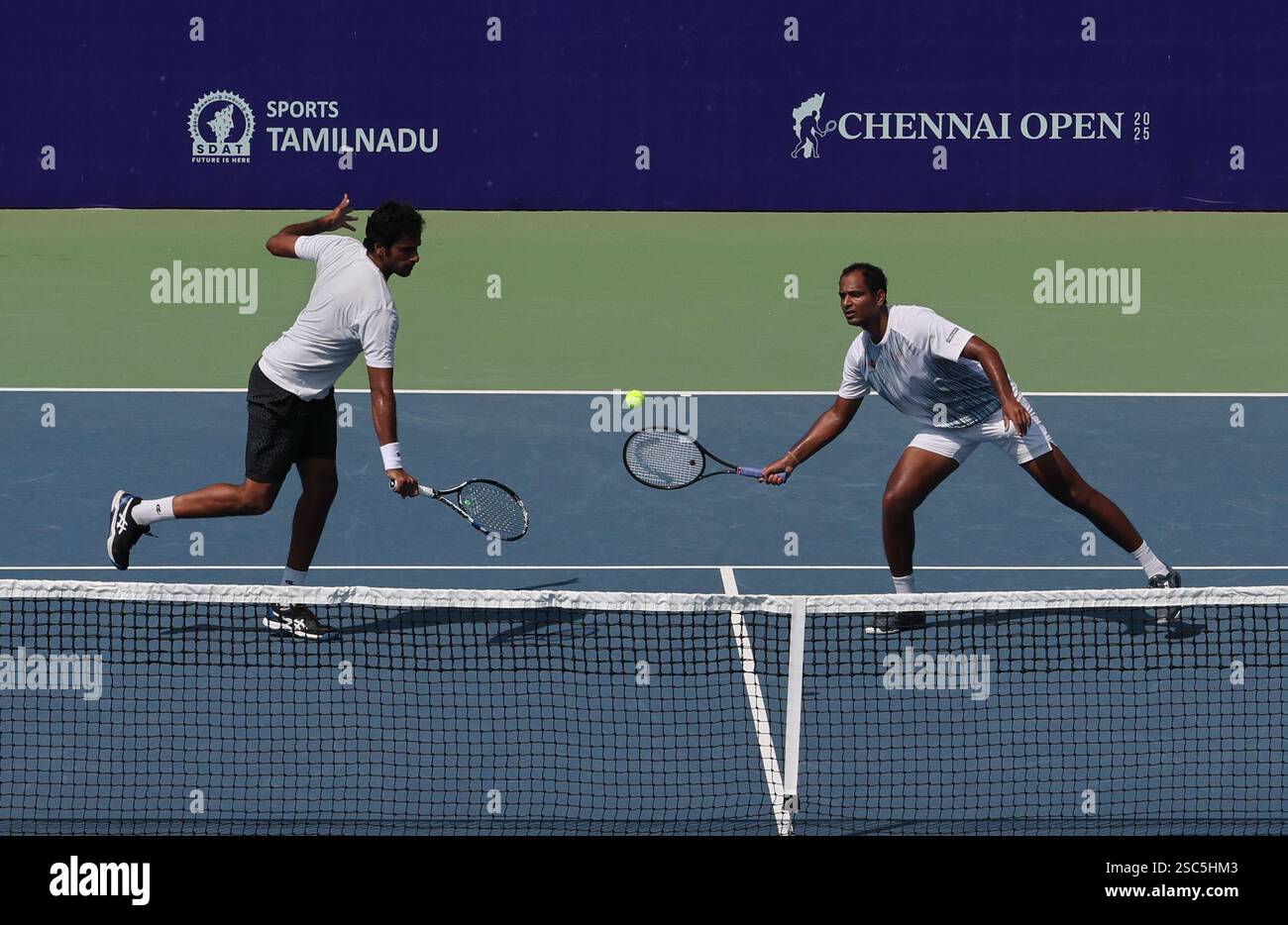 Chennai, Tamil Nadu, INDIA. 5th Feb, 2025. Doubles Saketh MYNENI (IND & Ramkumar Ramanathan (IND).Vs .Kimmer COPPEJENS (BEL) & Ergi KIRKIN (TUR).Saketh MYNENI (IND & Ramkumar Ramanathan (IND) won by 6-3, 6-1. (Credit Image: © Seshadri Sukumar/ZUMA Press Wire) EDITORIAL USAGE ONLY! Not for Commercial USAGE! Stock Photo