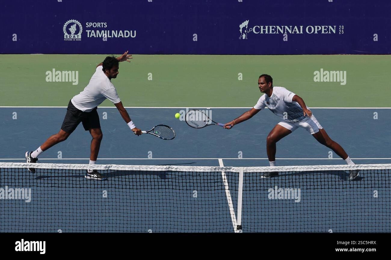 Chennai, Tamil Nadu, INDIA. 5th Feb, 2025. Doubles Saketh MYNENI (IND & Ramkumar Ramanathan (IND).Vs .Kimmer COPPEJENS (BEL) & Ergi KIRKIN (TUR).Saketh MYNENI (IND & Ramkumar Ramanathan (IND) won by 6-3, 6-1. (Credit Image: © Seshadri Sukumar/ZUMA Press Wire) EDITORIAL USAGE ONLY! Not for Commercial USAGE! Stock Photo