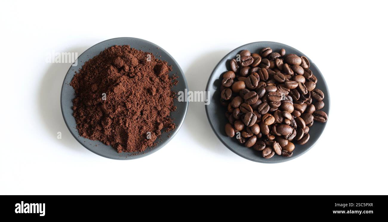 Coffee beans and ground coffee isolated on white background. Copy space. Overhead view. Stock Photo
