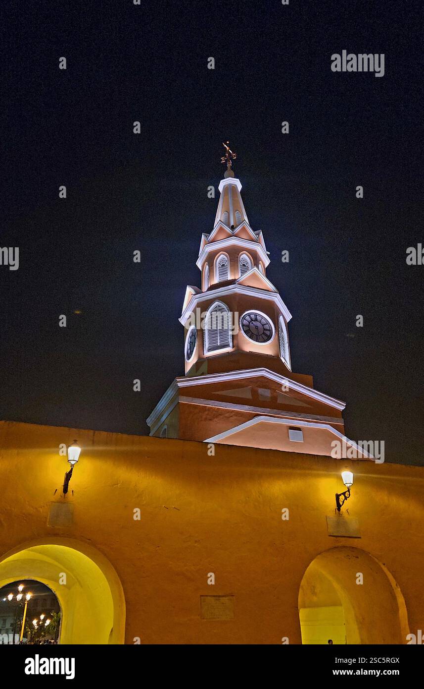 Colombia Cartagena Old Town by Night - Monumento Torre del Reloj - Clock Tower - Smartphone Captured Stock Image