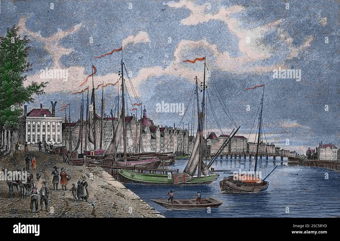 Netherlands. Amsterdam. Oude-Teer-Tuinen’ . View of the area near Prins Hendrikkade. Engraving by G.M. Kurz. 1858. Stock Photo