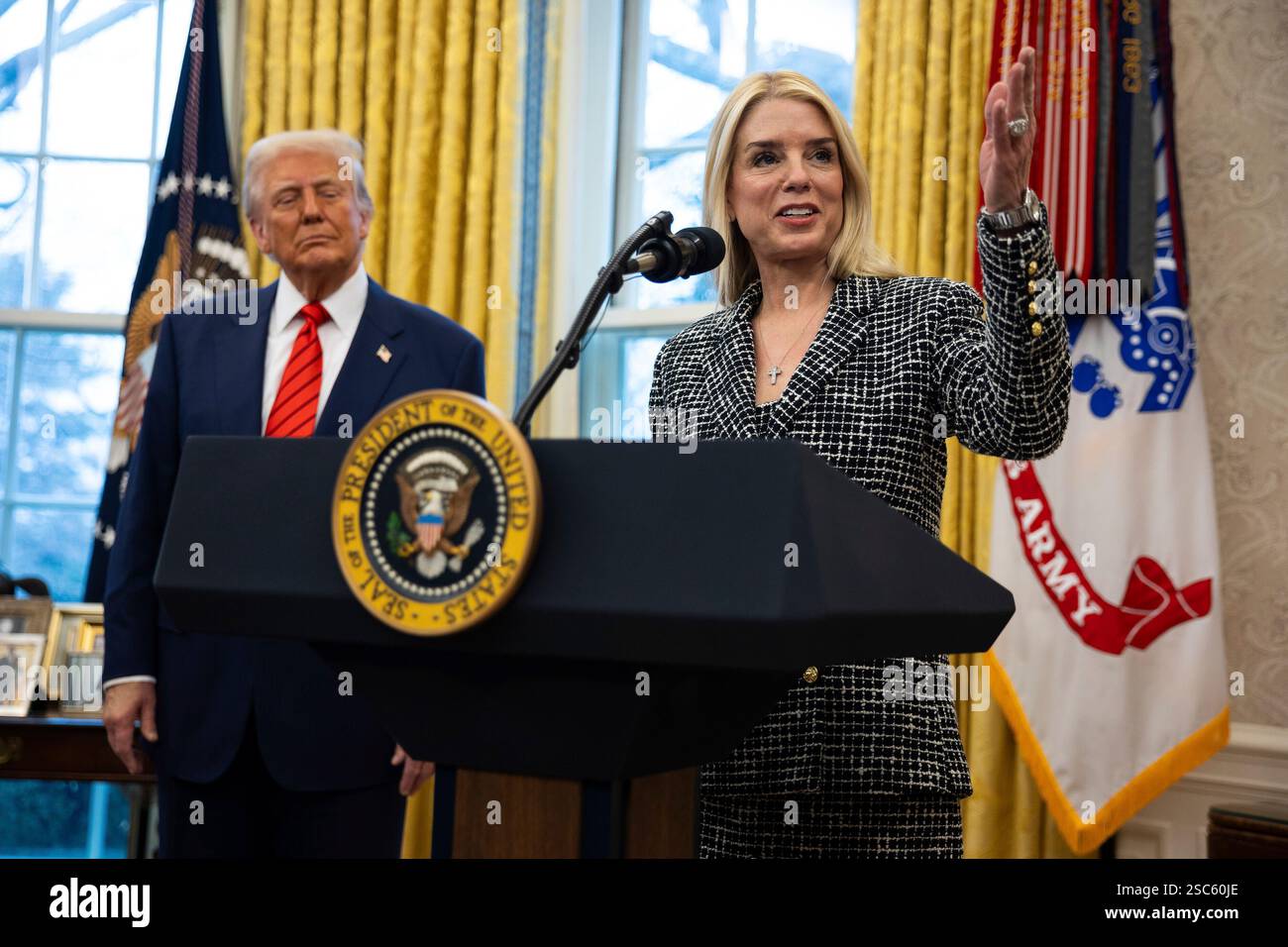 United States Attorney General Pam Bondi delivers remarks while US ...