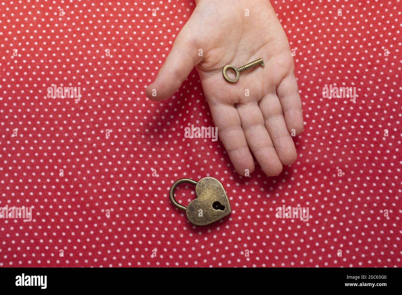 Hand holding a heart shaped lock and key on a red background Stock ...