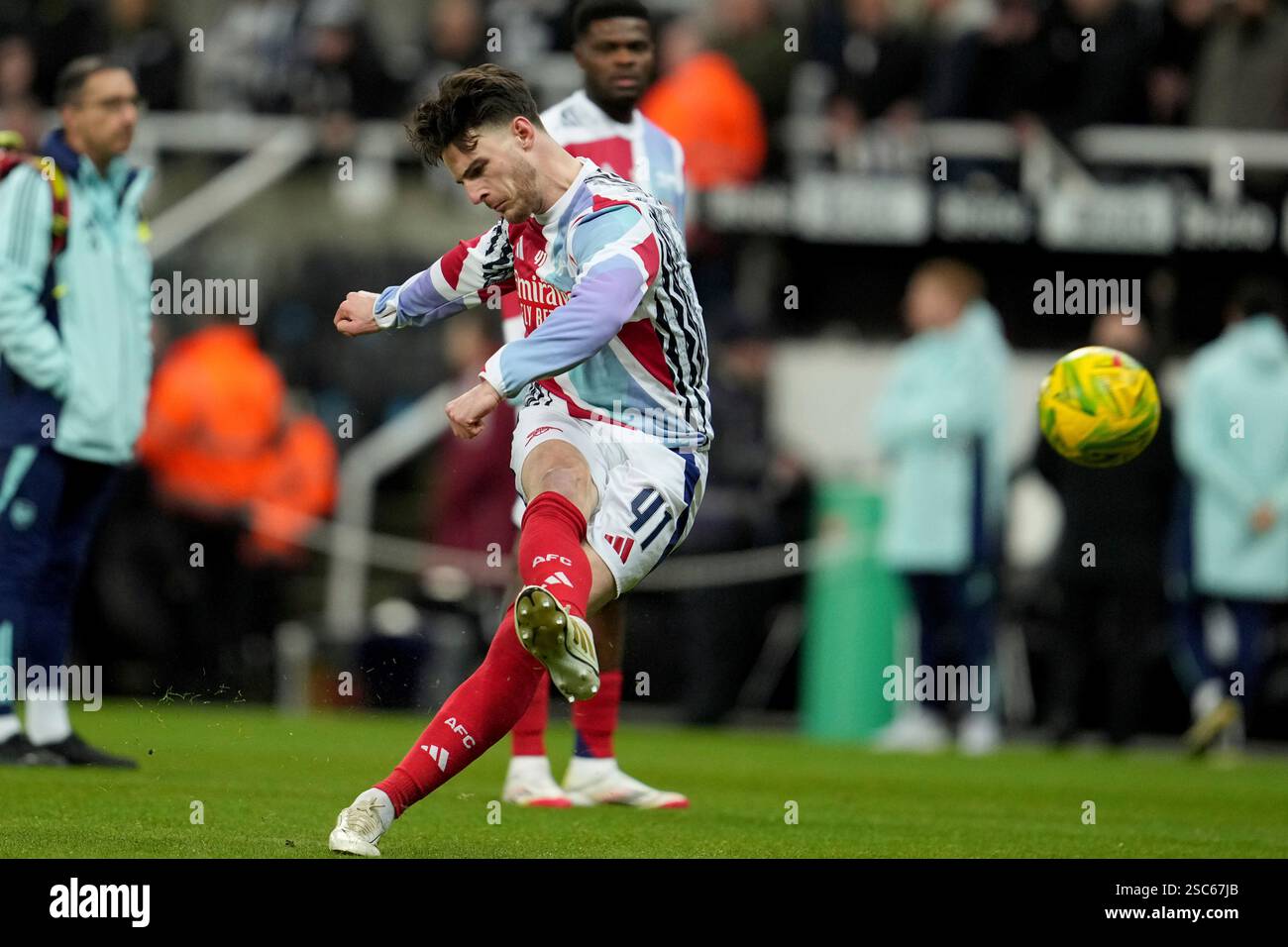 Arsenal's Declan Rice kicks the ball during warm up for the English ...
