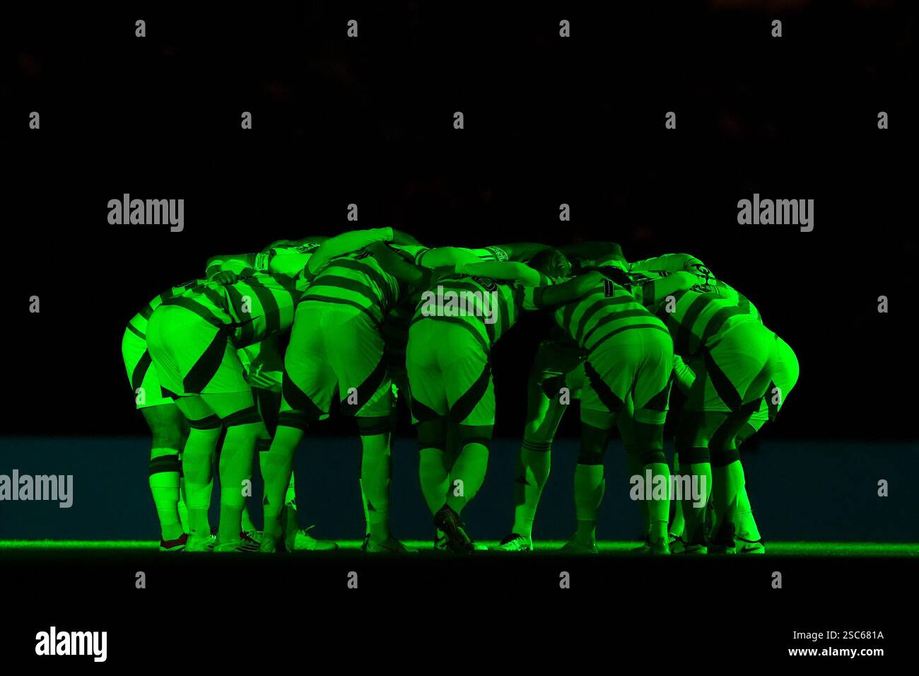 Celtic players have a team huddle during the William Hill Premiership ...