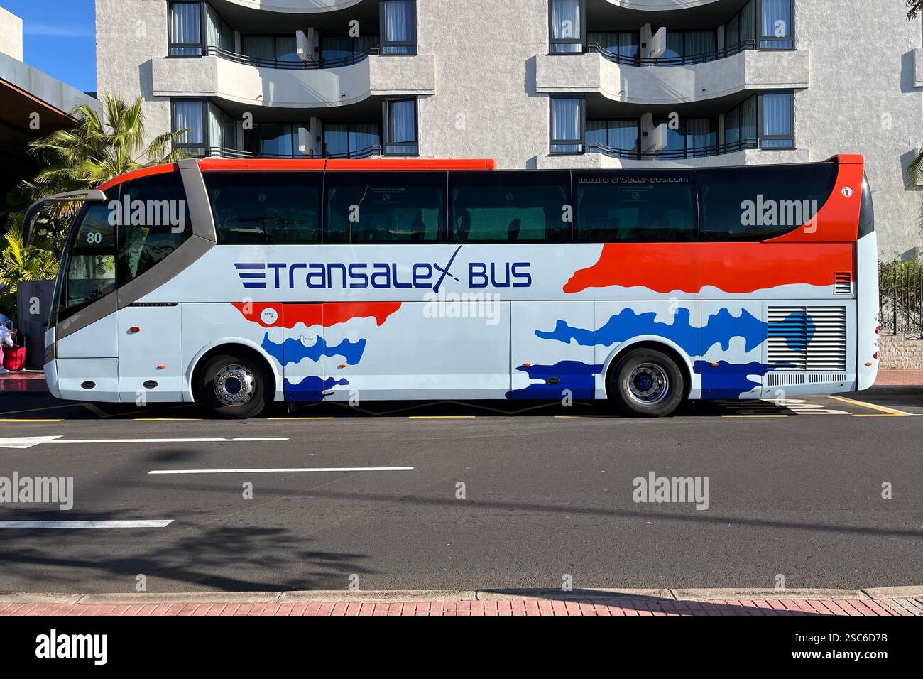 Transalex Bus parked in Costa Adeje. Tenerife, Canary Islands, Spain. 11th January 2025. - Smartphone Captured Stock Image