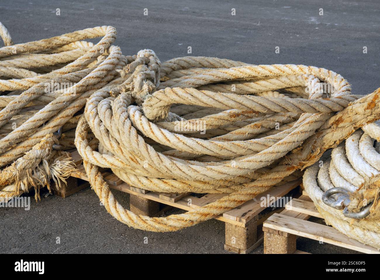 Coiled ropes on wooden pallets outdoors Stock Photo - Alamy