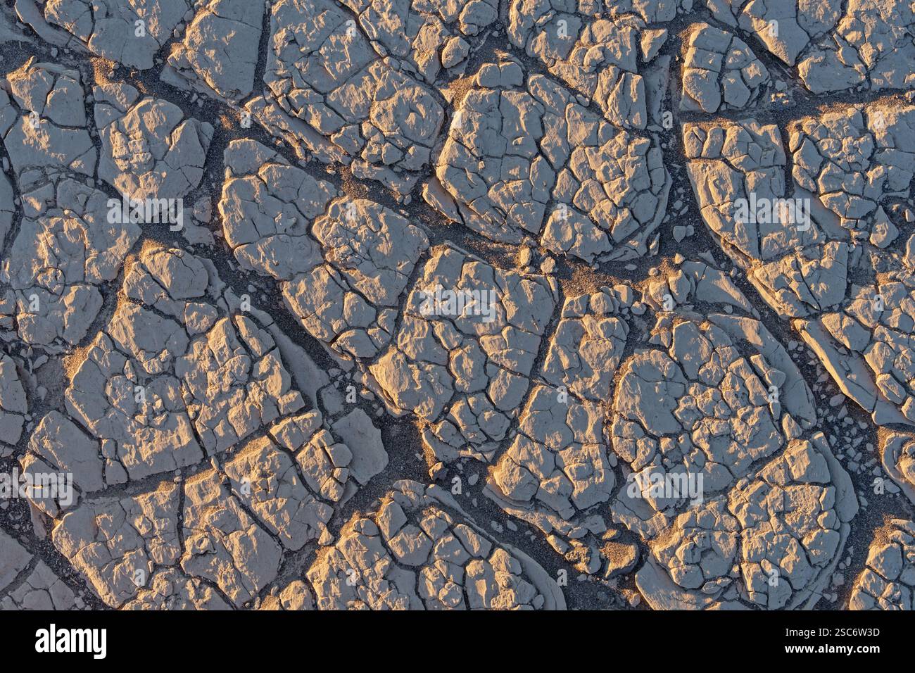 old patterned ground background texture from desert mudcracks with sand in the cracks Stock Photo