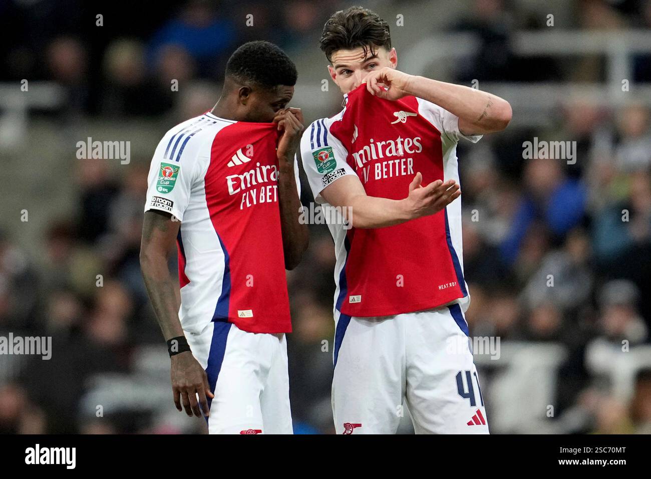 Arsenal's Thomas Partey, left, and Arsenal's Declan Rice chat during ...
