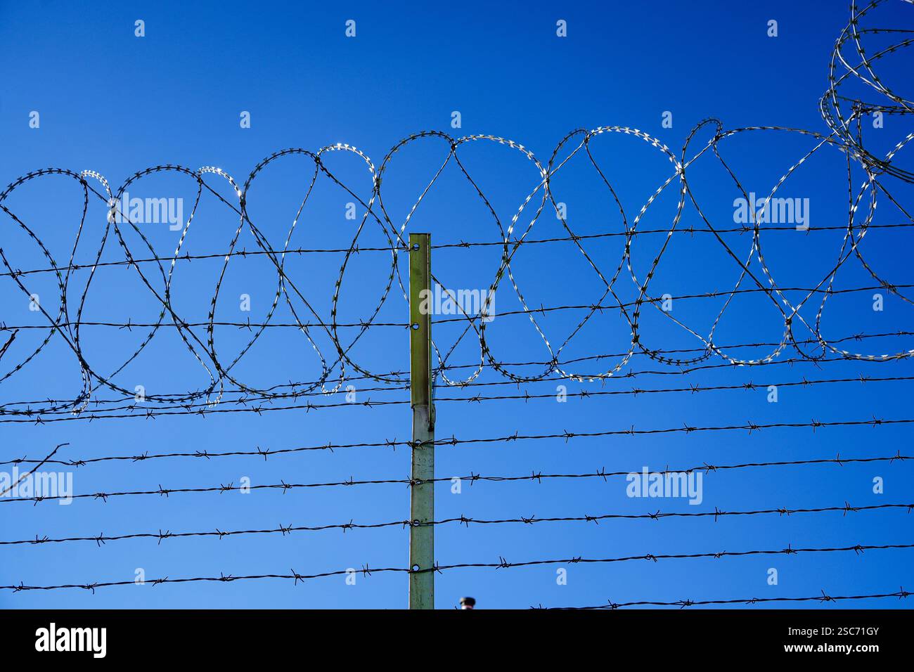 Barbed wire fence against blue sky Stock Photo