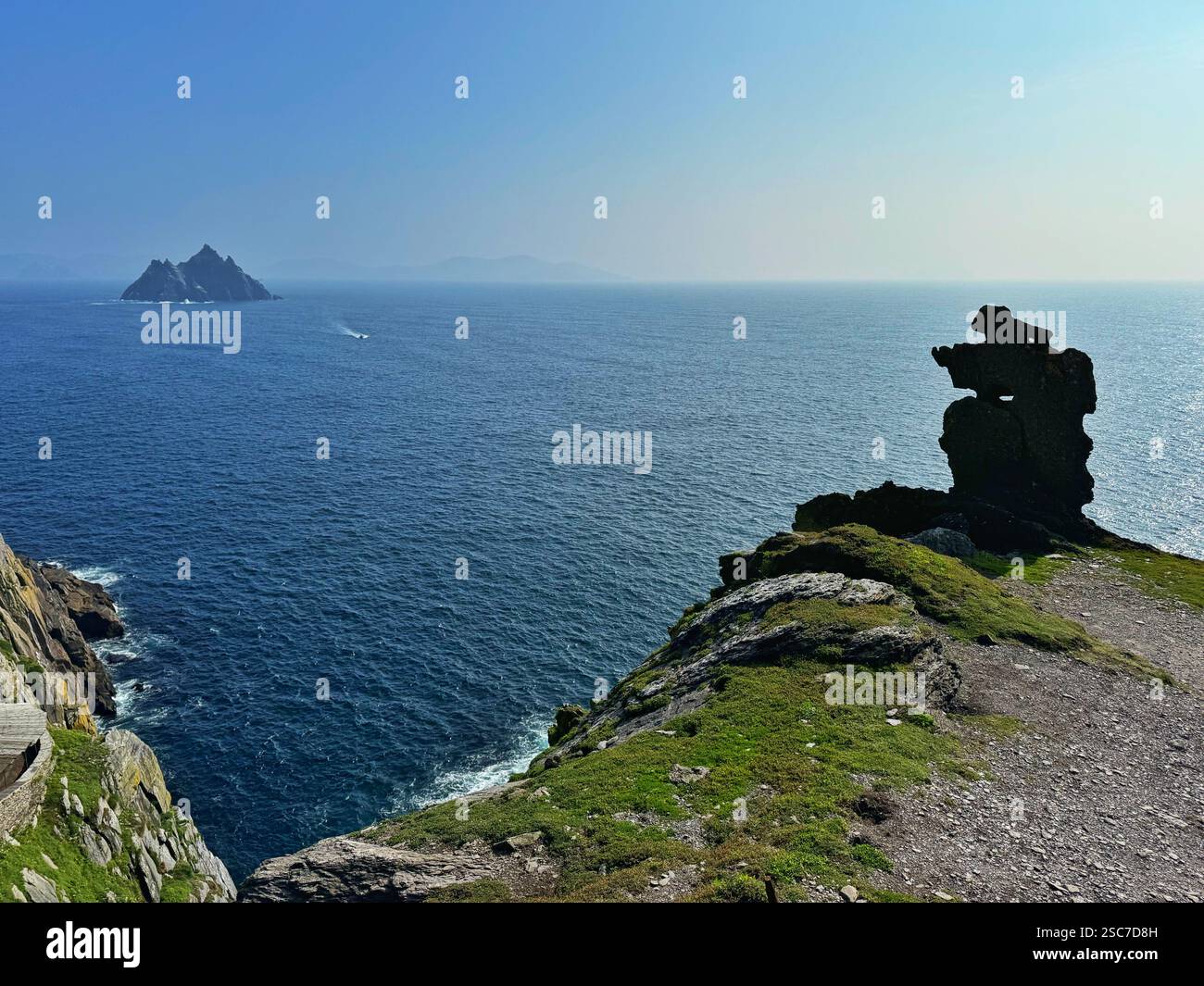 Rock on Michael Skellig Island used for Reys light sabre training in Star Wars 8 with little Skellig in the distance. - Smartphone Captured Stock Image